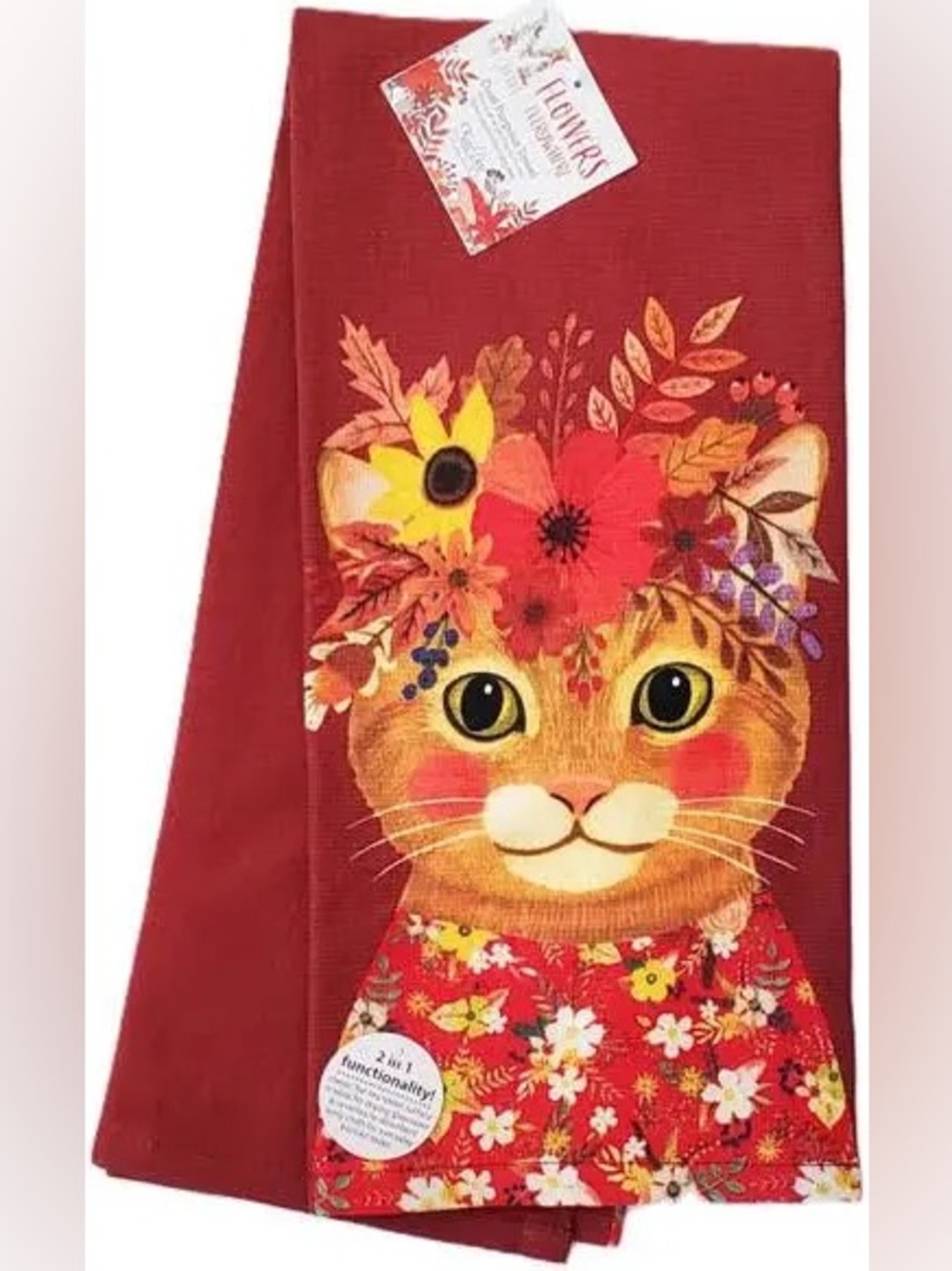 🐱 Kay Dee Designs Floral Crown Cat Kitchen Towel - Bright Red 🌺